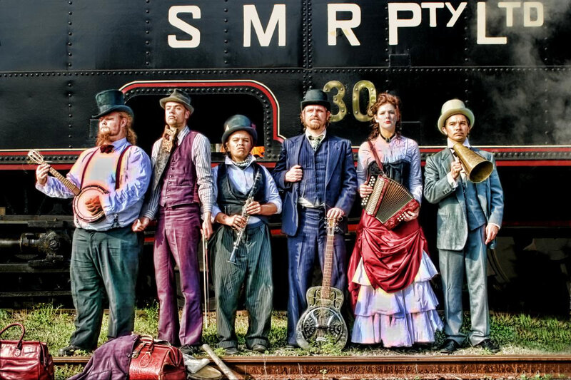 Steampunk band by train