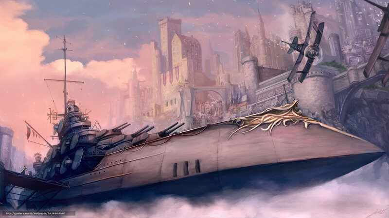 Steampunk battleship in fantasy city