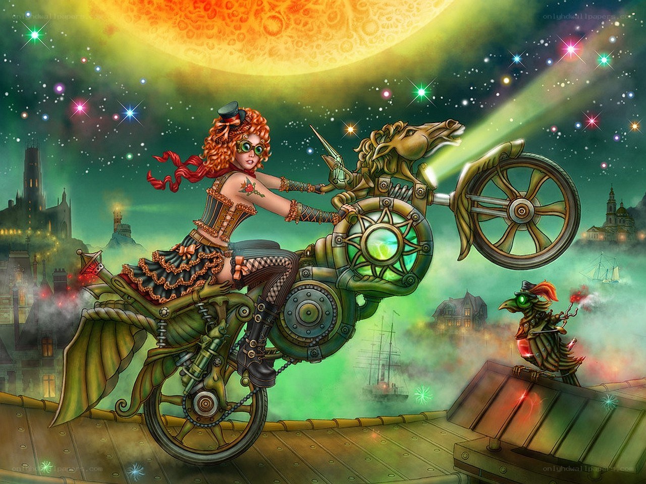 Steampunk biker in starlit sky