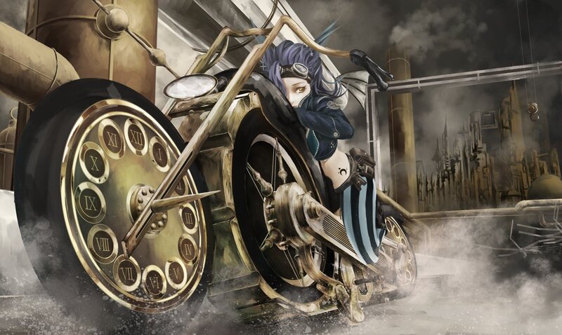 steampunk biker on clockwork motorcycle