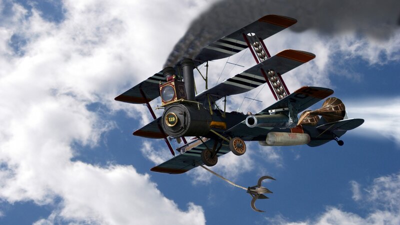 Steampunk Biplane Aircraft — Blue