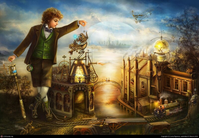Steampunk boy with mechanical fish
