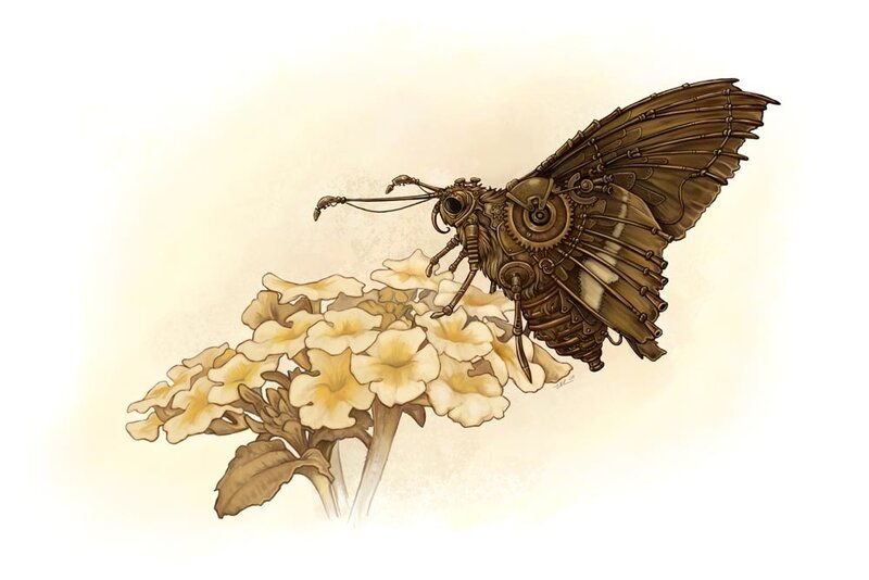 Steampunk Butterfly on Flowers