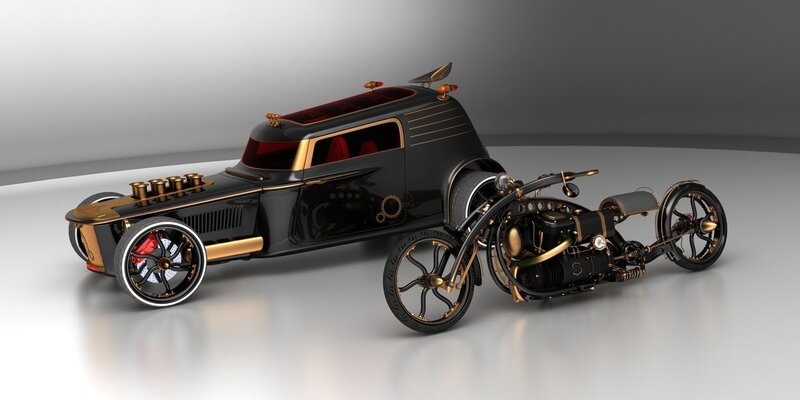 Steampunk car and motorcycle
