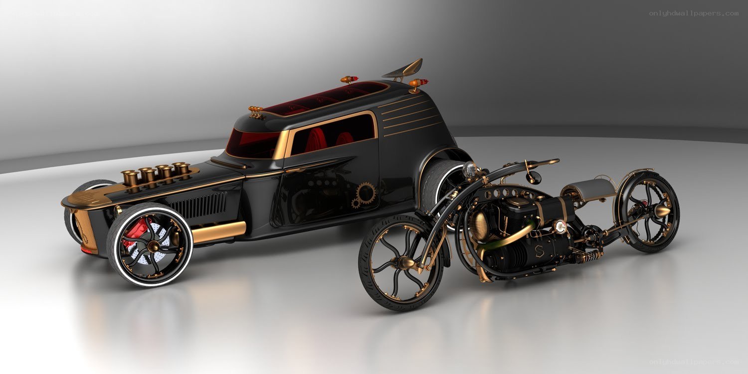 Steampunk car and motorcycle