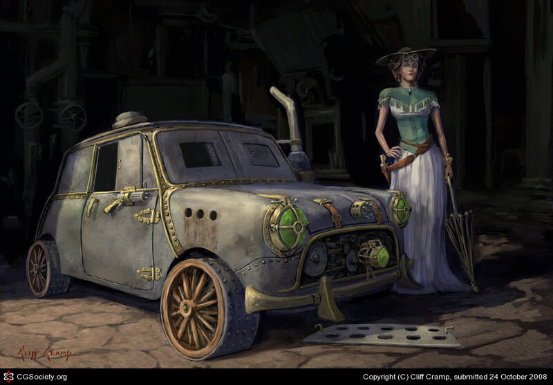 steampunk car and woman