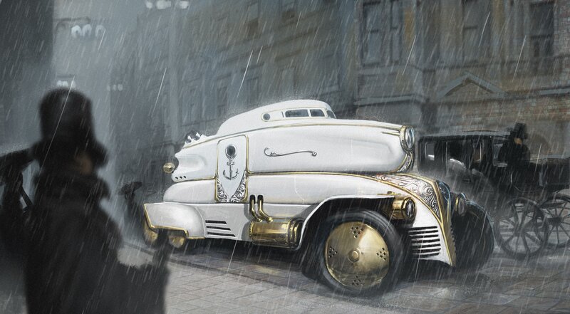 Steampunk car in rainy city