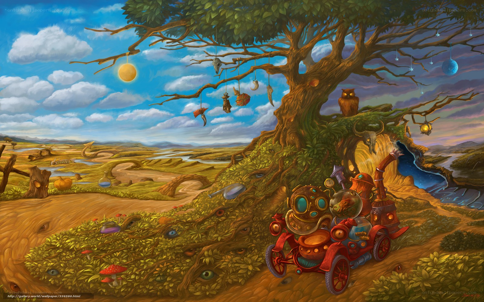 Steampunk car under a whimsical tree