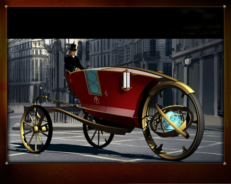 steampunk carriage in city