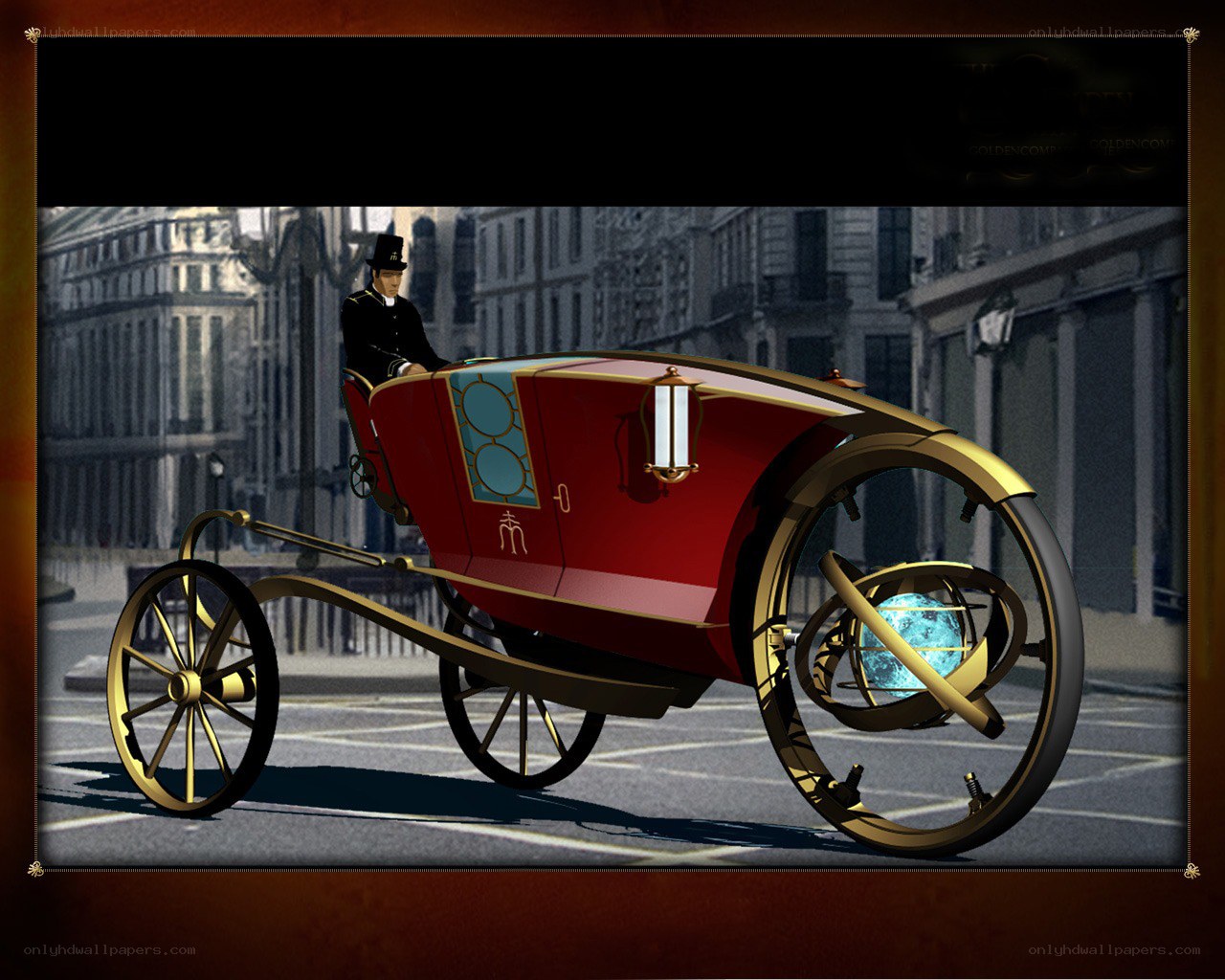 steampunk carriage in city