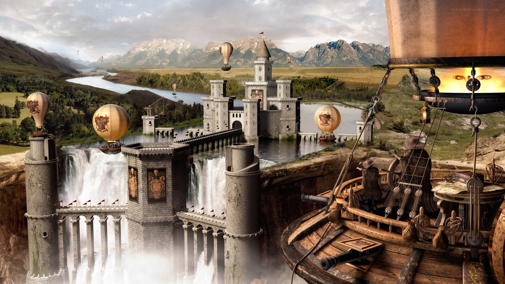 Steampunk castle with airships