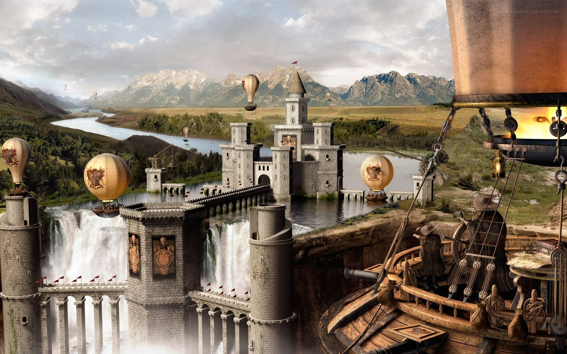 steampunk castle with airships