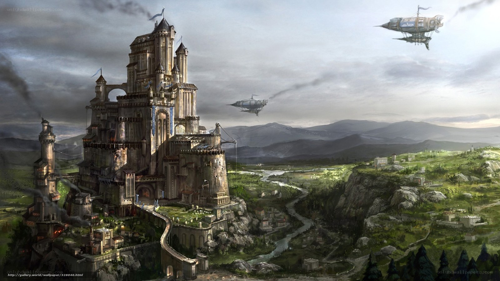 Steampunk castle with airships