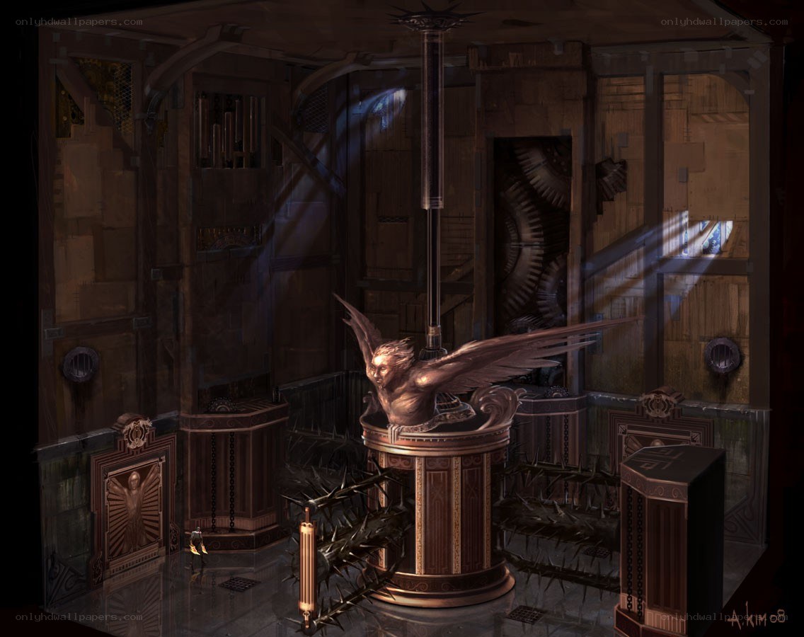 steampunk chamber with griffin statue