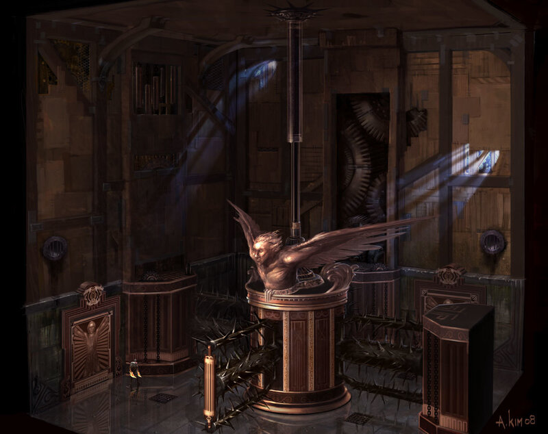 steampunk chamber with winged statue