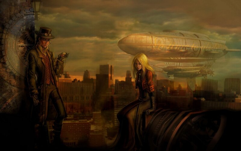 Steampunk Characters on Rooftop — Brown
