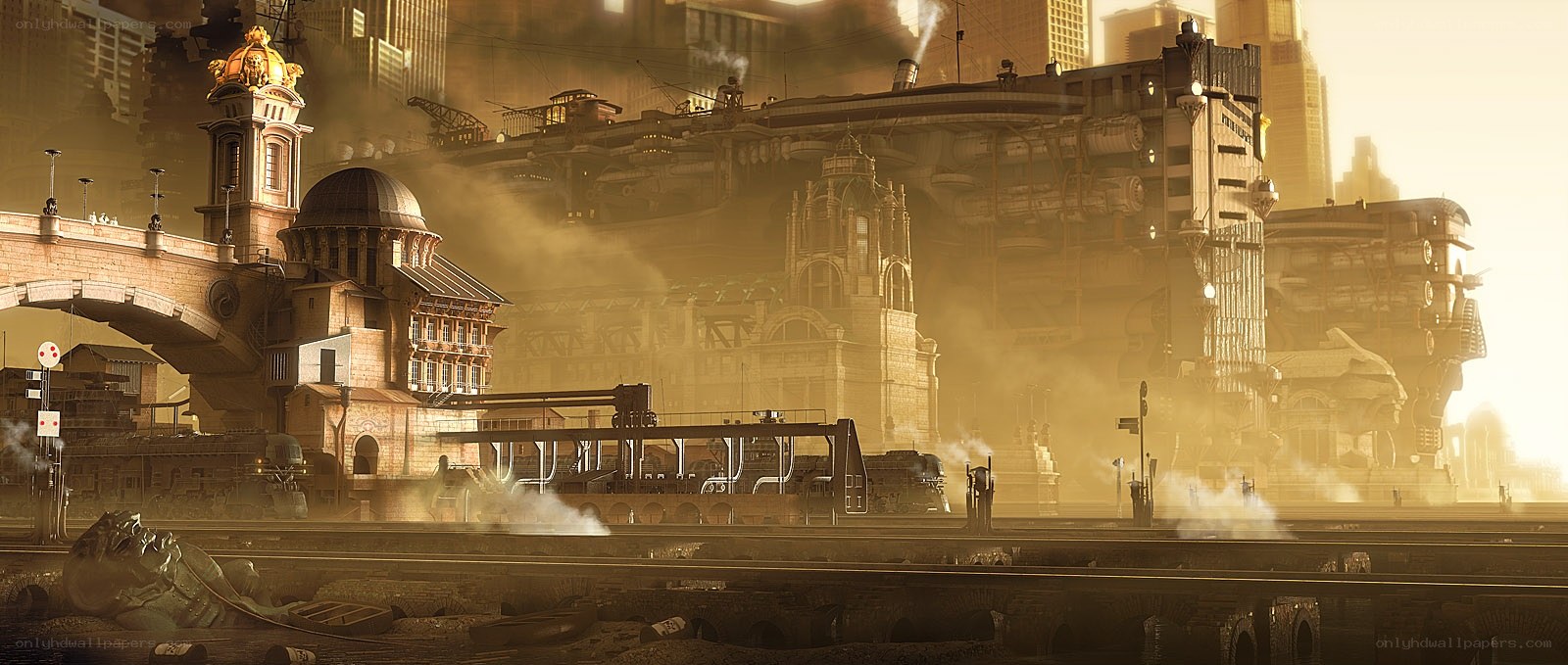steampunk city at dawn