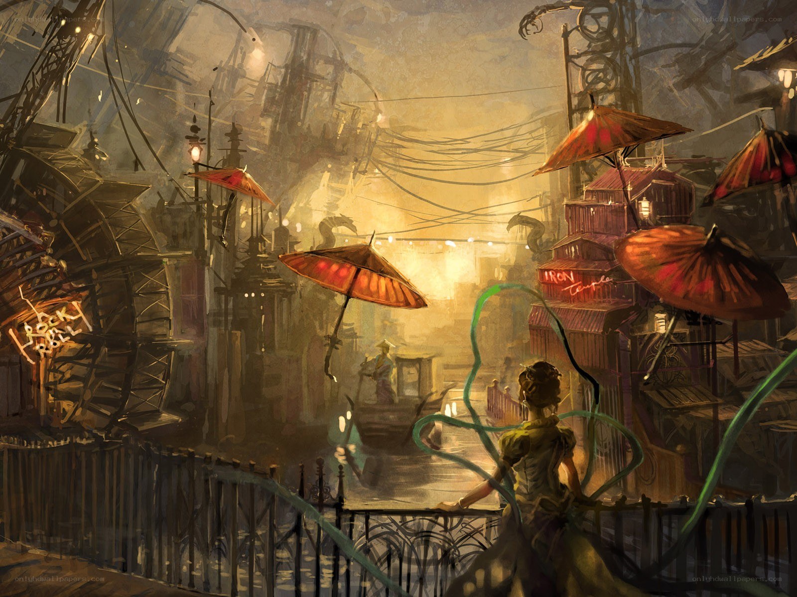 Steampunk city at dusk