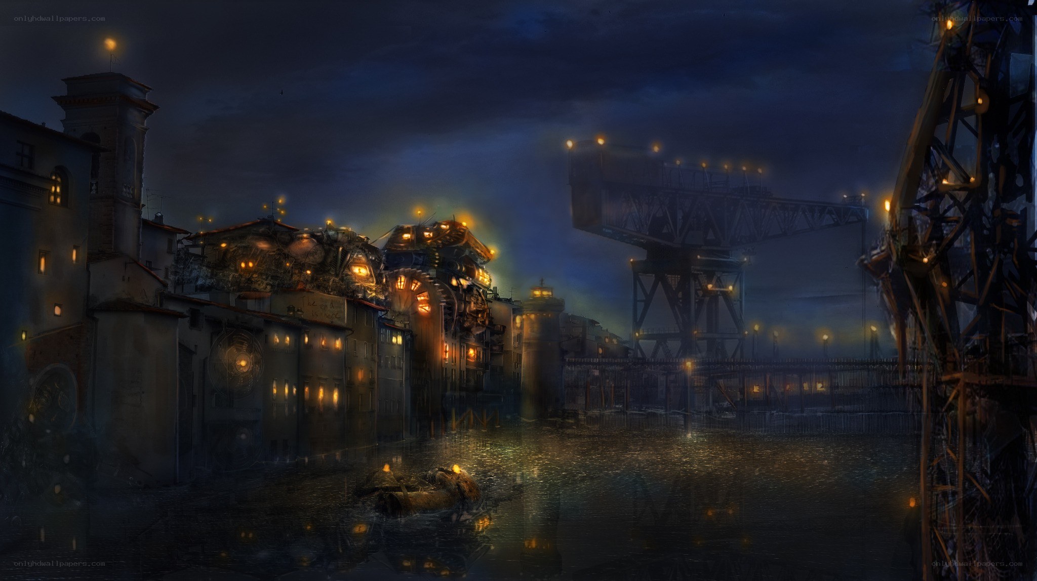 steampunk city at night
