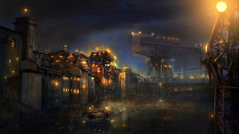 Steampunk City at Night — Dark Blue