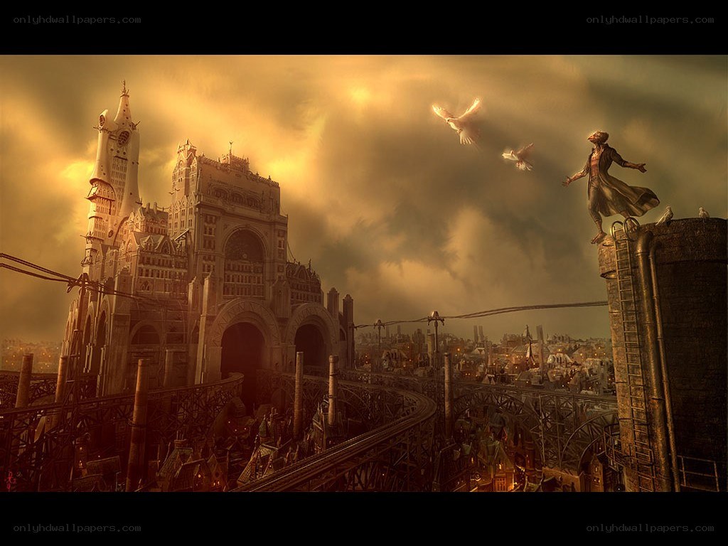 Steampunk city at sunset