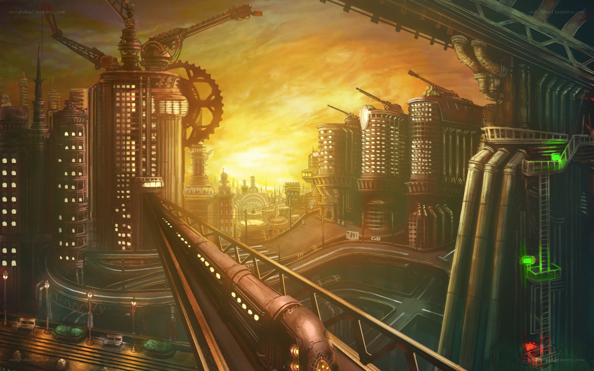 steampunk city at sunset