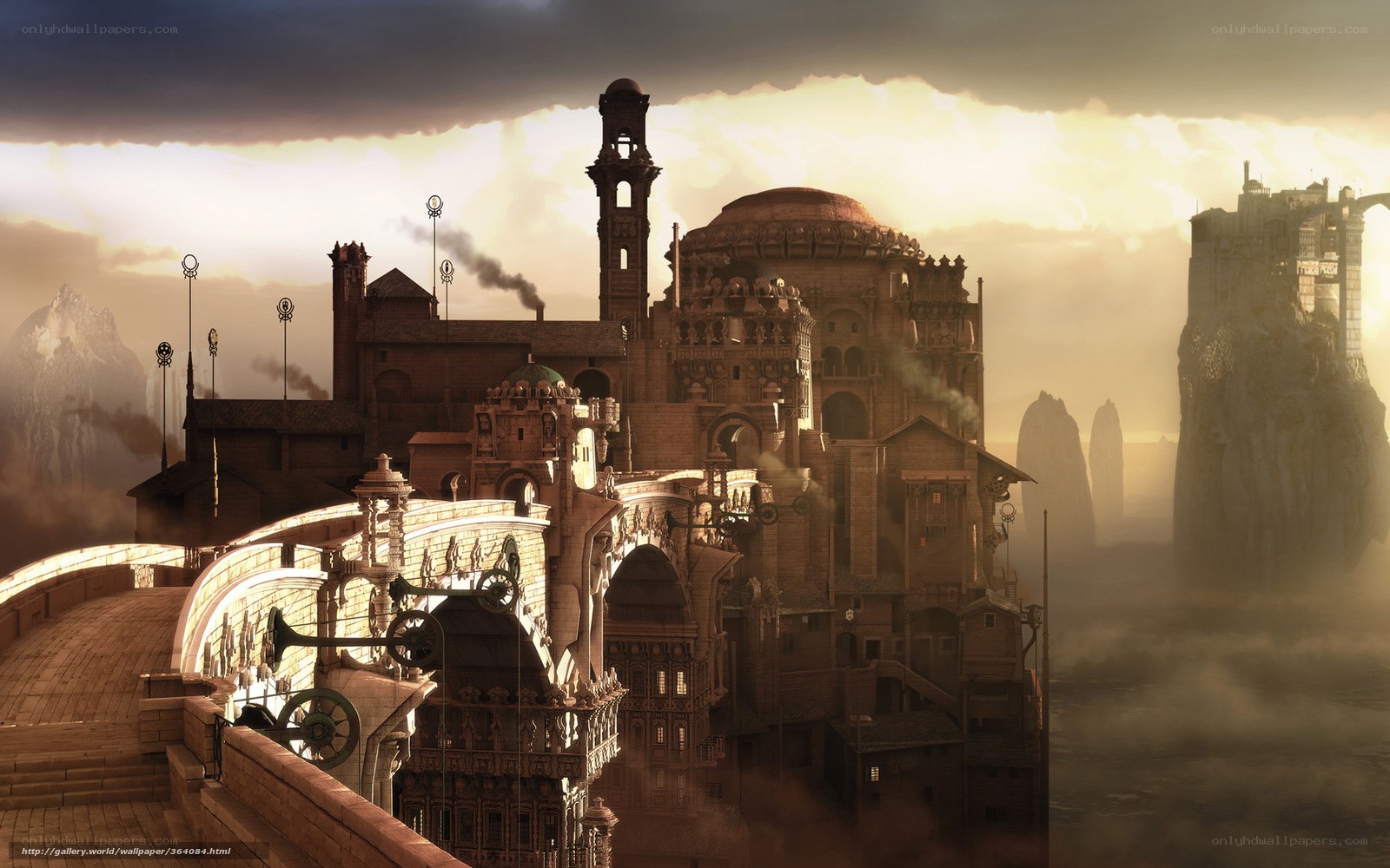 steampunk city at sunset
