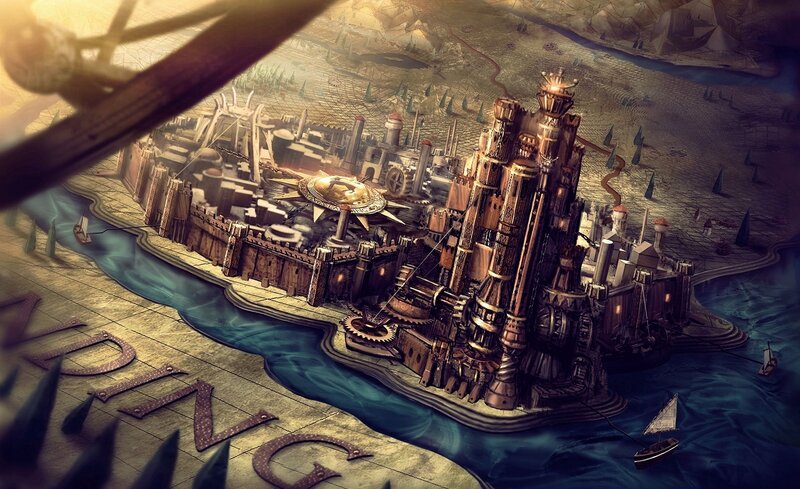 Steampunk City on Water — Brown, Dramatic