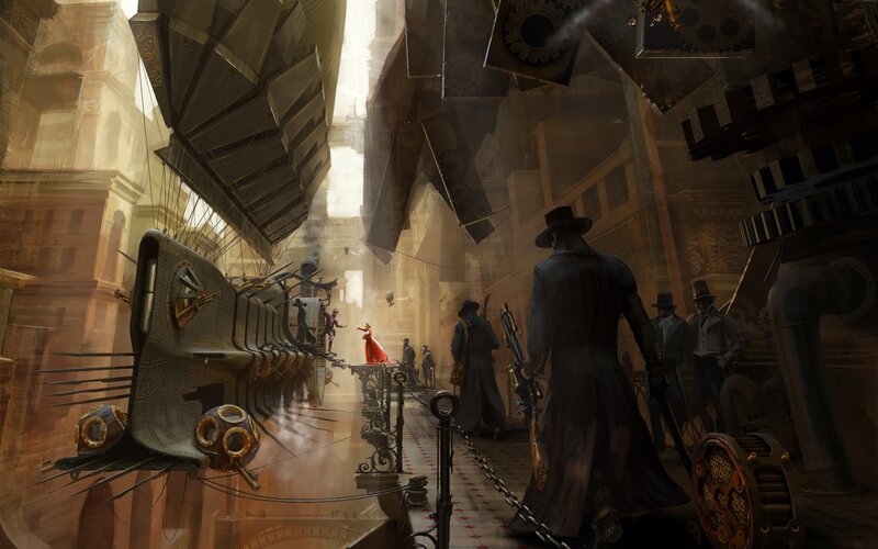 Steampunk City Street — Brown, Dramatic, Afternoon, Digital Art, Airship, People