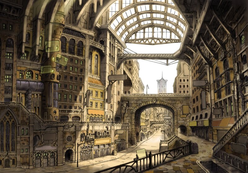 Steampunk City Street — Brown, Dramatic, Afternoon, Illustration