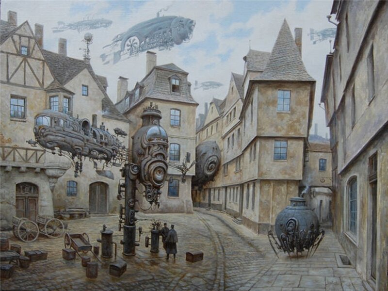 Steampunk City Street — Brown, Dramatic, Afternoon, Painting