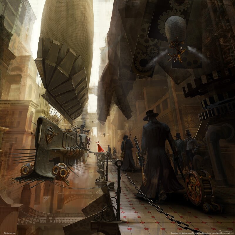 Steampunk City Street — Brown, Dramatic, Digital Art