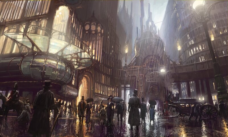 Steampunk City Street — Brown, Dramatic, Night, Digital Art