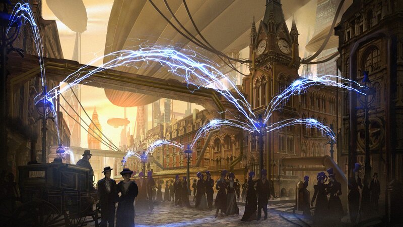 Steampunk City Street — Brown, Dramatic, Sunset