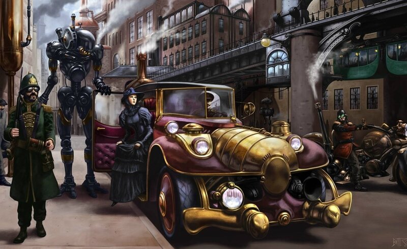 Steampunk city street scene