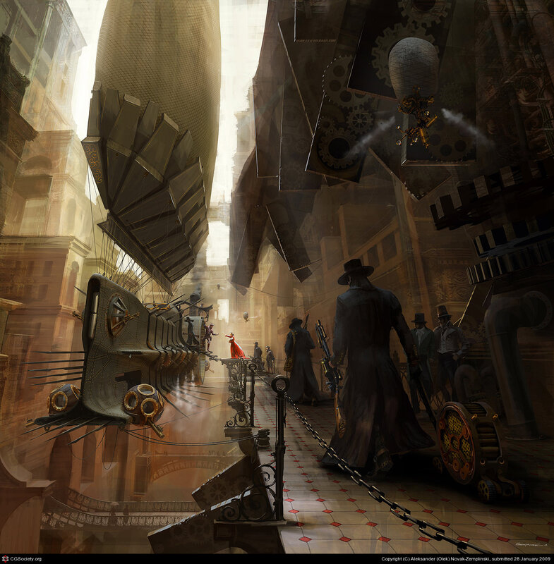 steampunk city street scene
