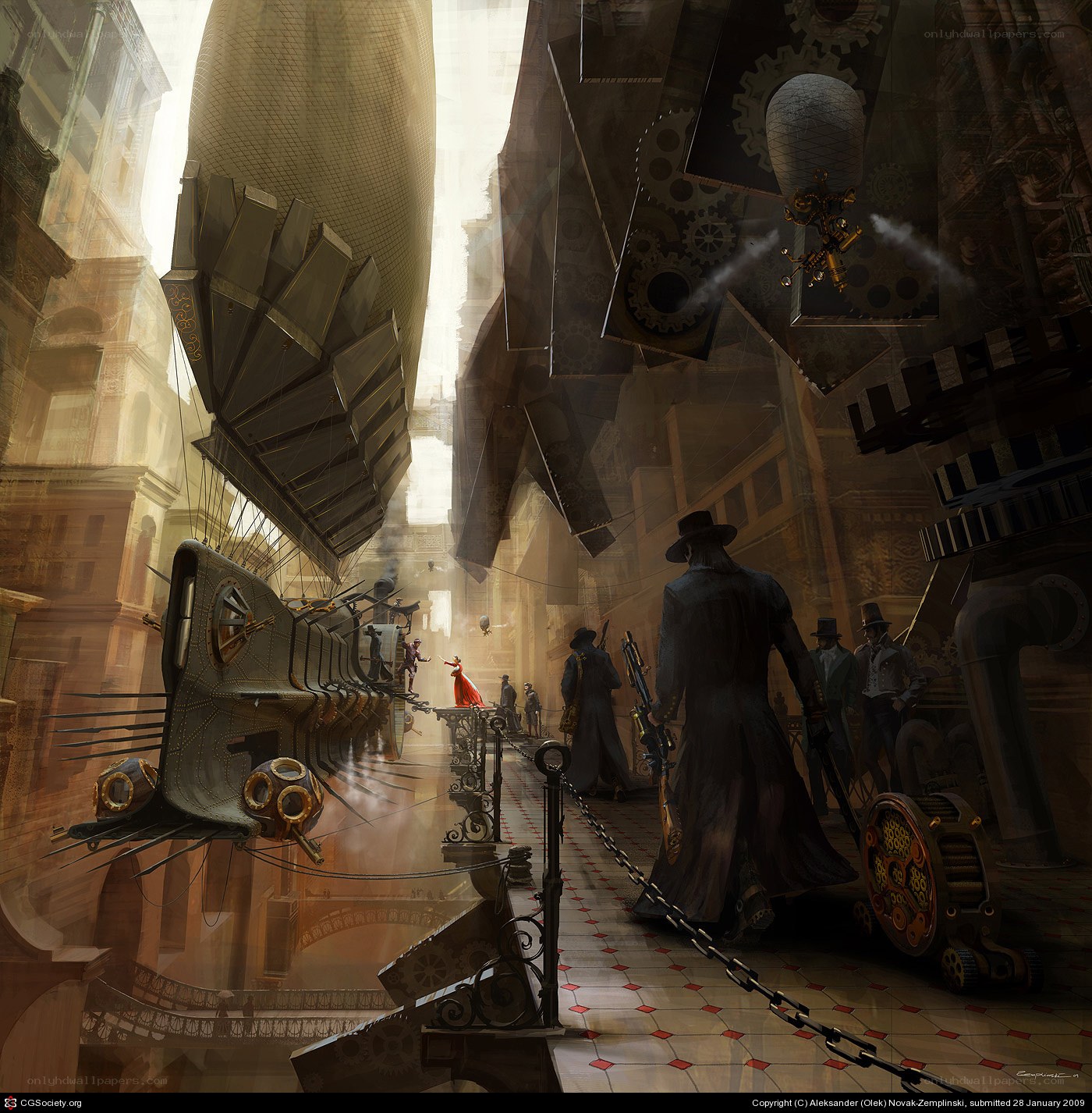 steampunk city street scene