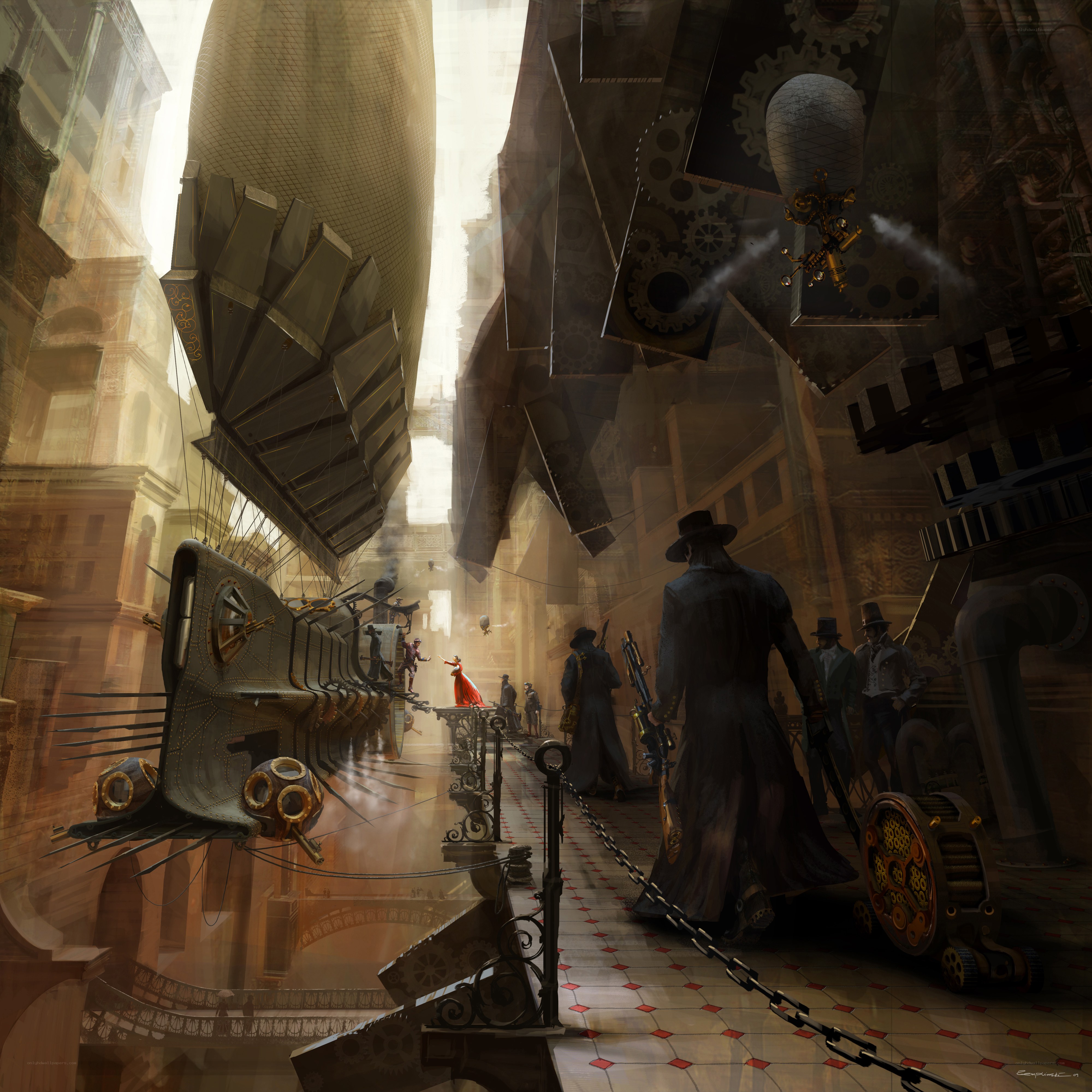 Steampunk city street scene
