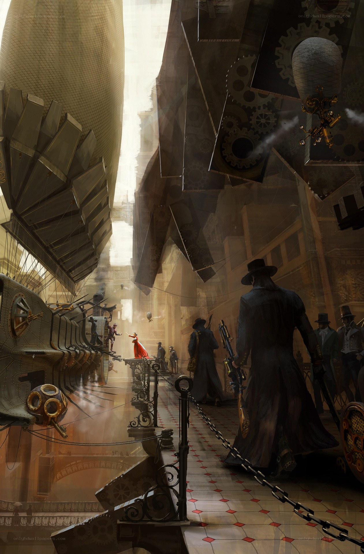 Steampunk city street scene