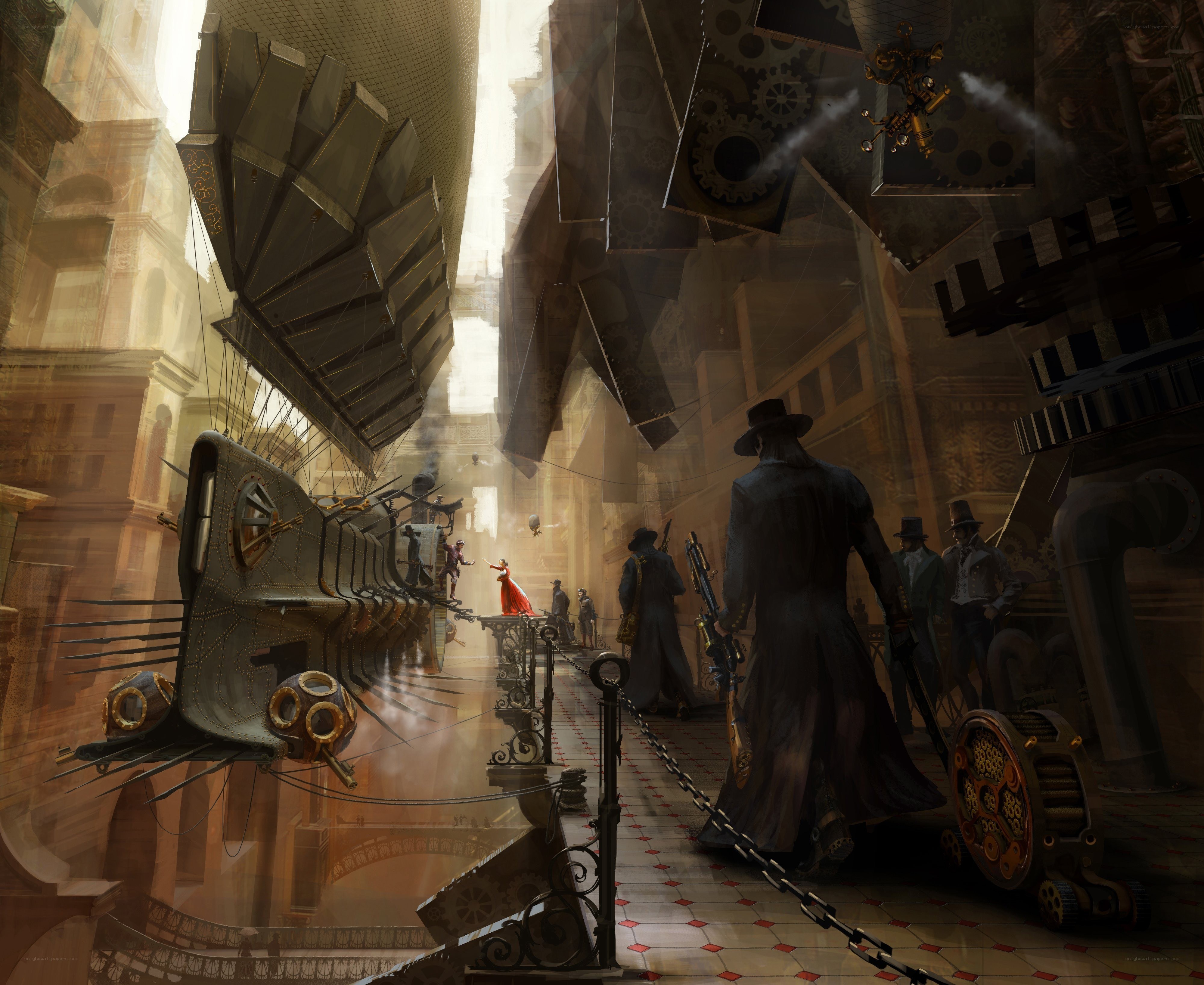 Steampunk city street scene