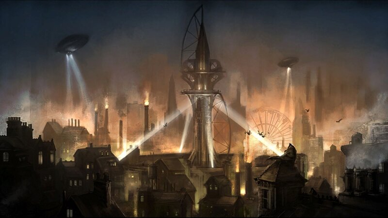Steampunk city under alien attack