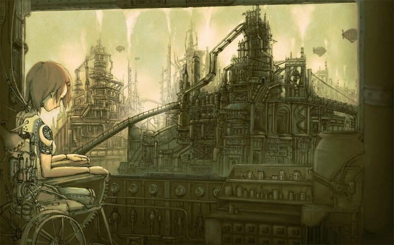 steampunk city view from window
