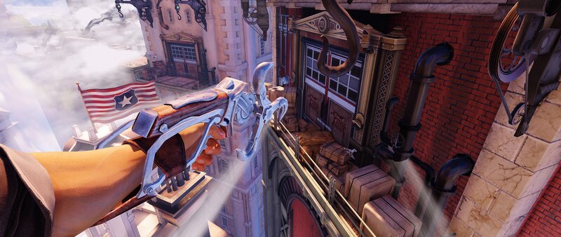steampunk city view with grappling hook