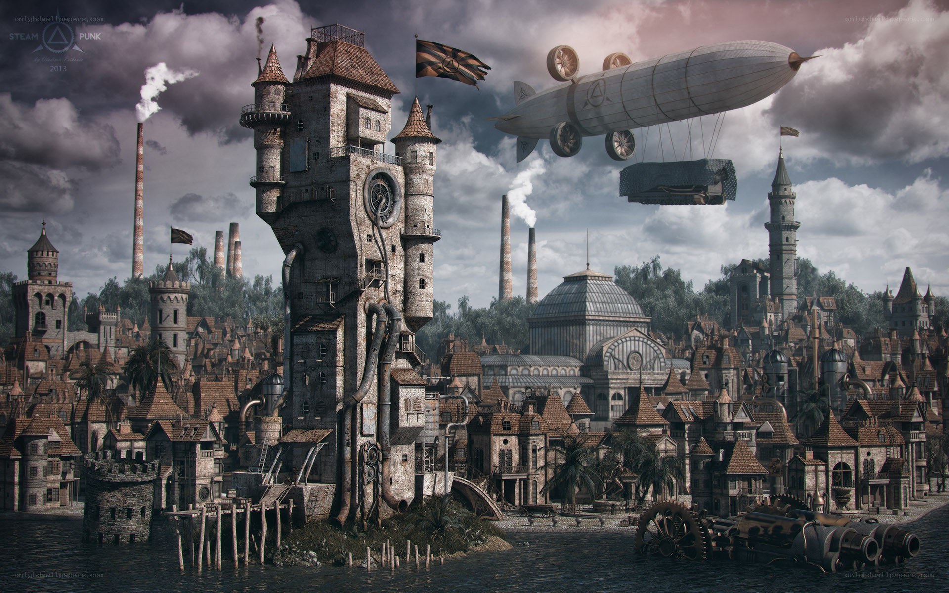 steampunk city with airship