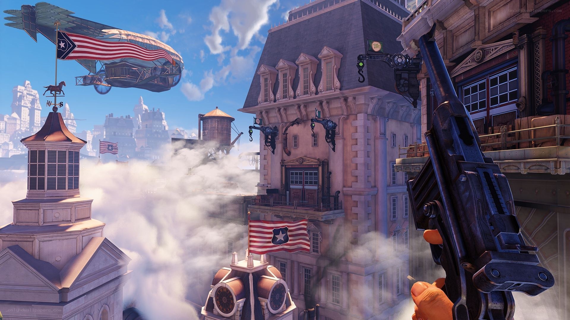steampunk city with airship