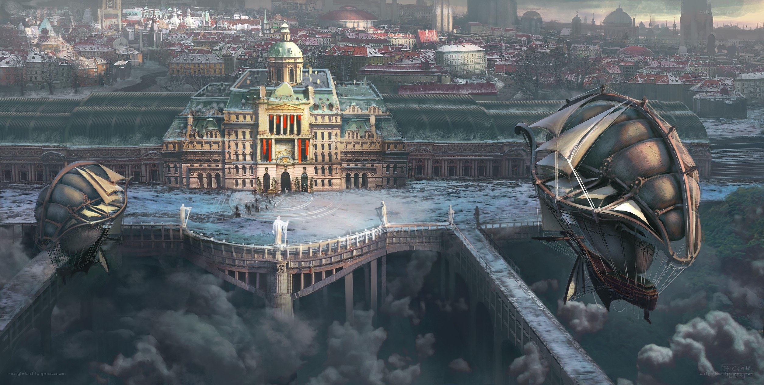 Steampunk city with airships