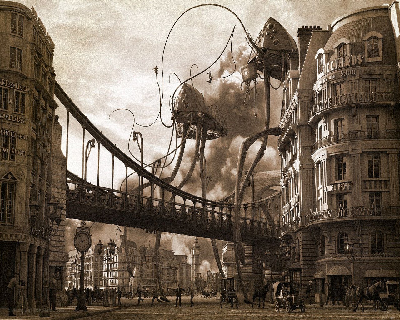 Steampunk city with giant mechanical creatures