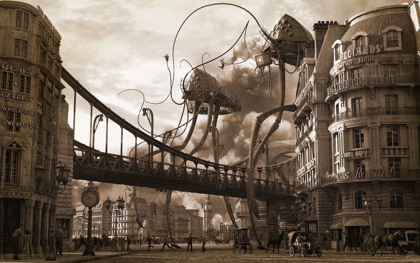 Steampunk city with giant mechanical creatures