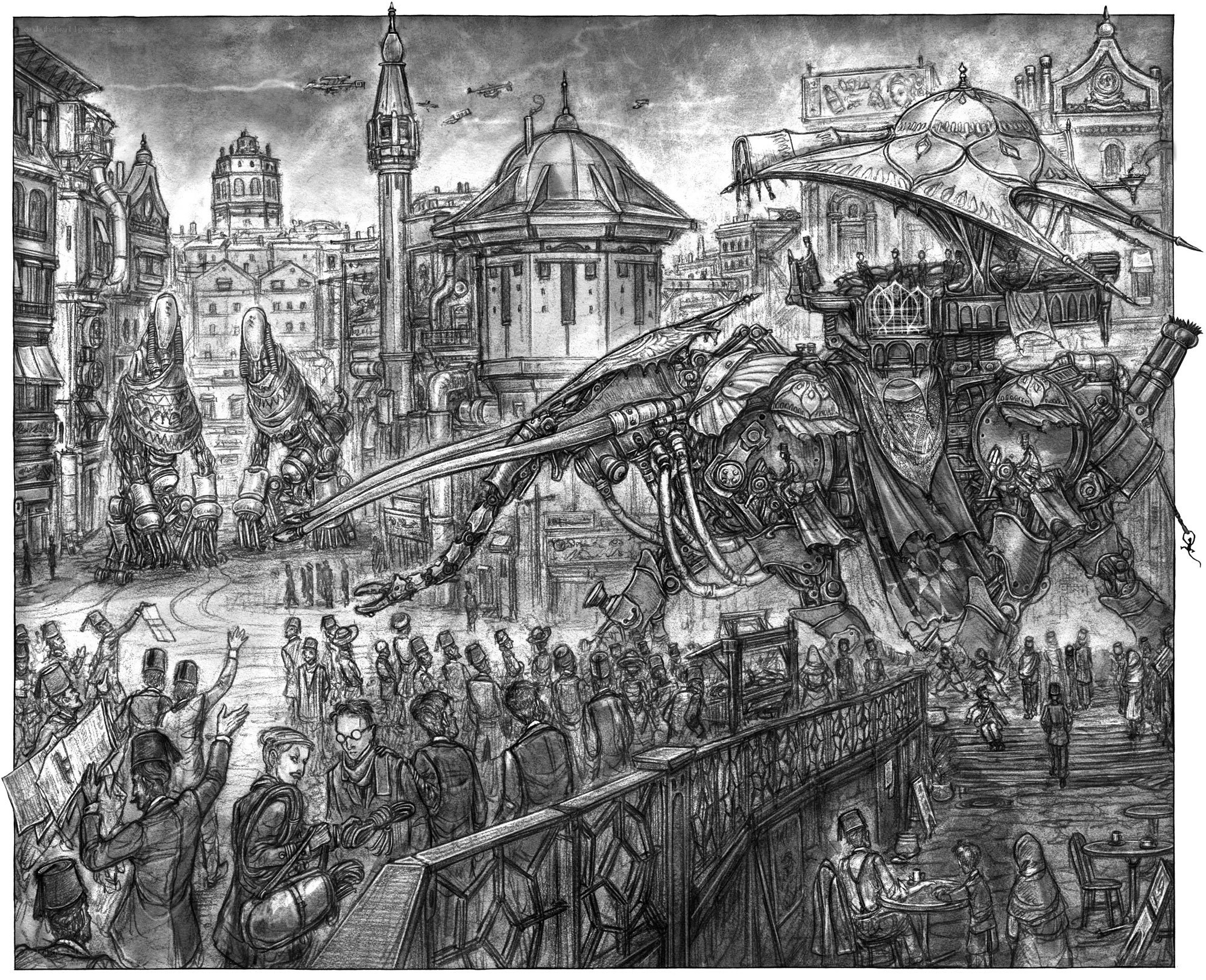 Steampunk city with giant robots