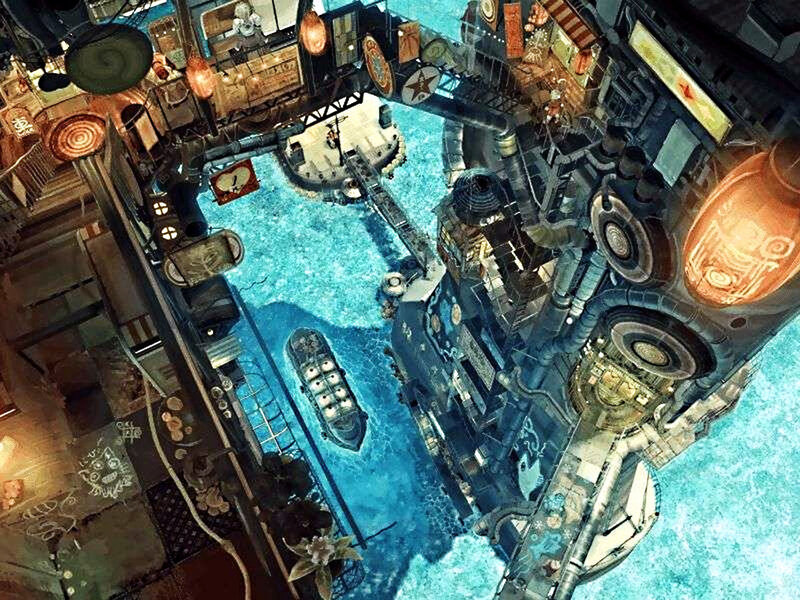 steampunk city with waterway